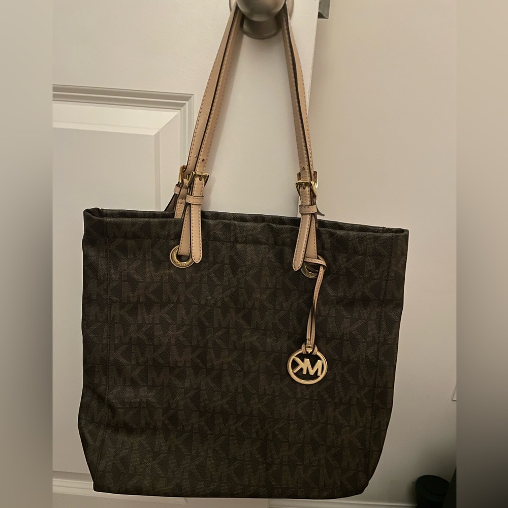 Michael Kors Brown Leather Tote MK pattern